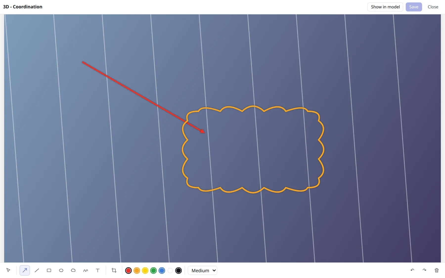 The markup window: a model picture with an arrow and a revision cloud drawn on it, and the toolbar along the bottom.