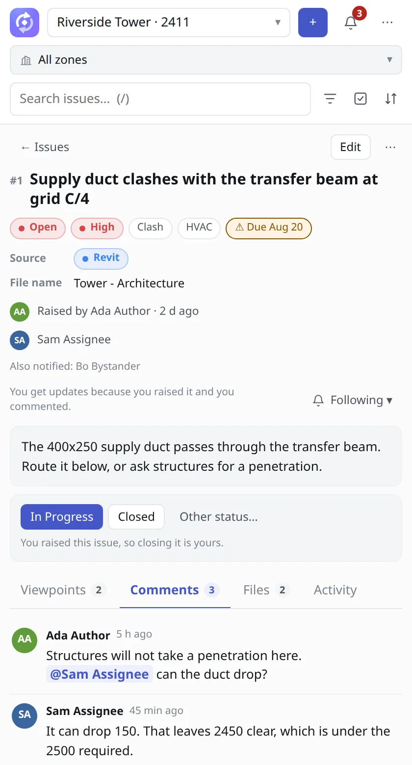 The Comments tab of an Issue with a conversation and a box to add a comment.