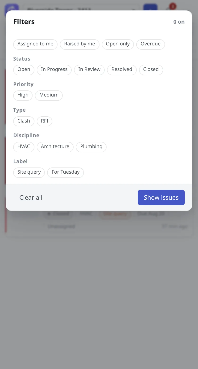 The Filters sheet with switches such as Assigned to me and Open only, and groups for status, priority, type and discipline.
