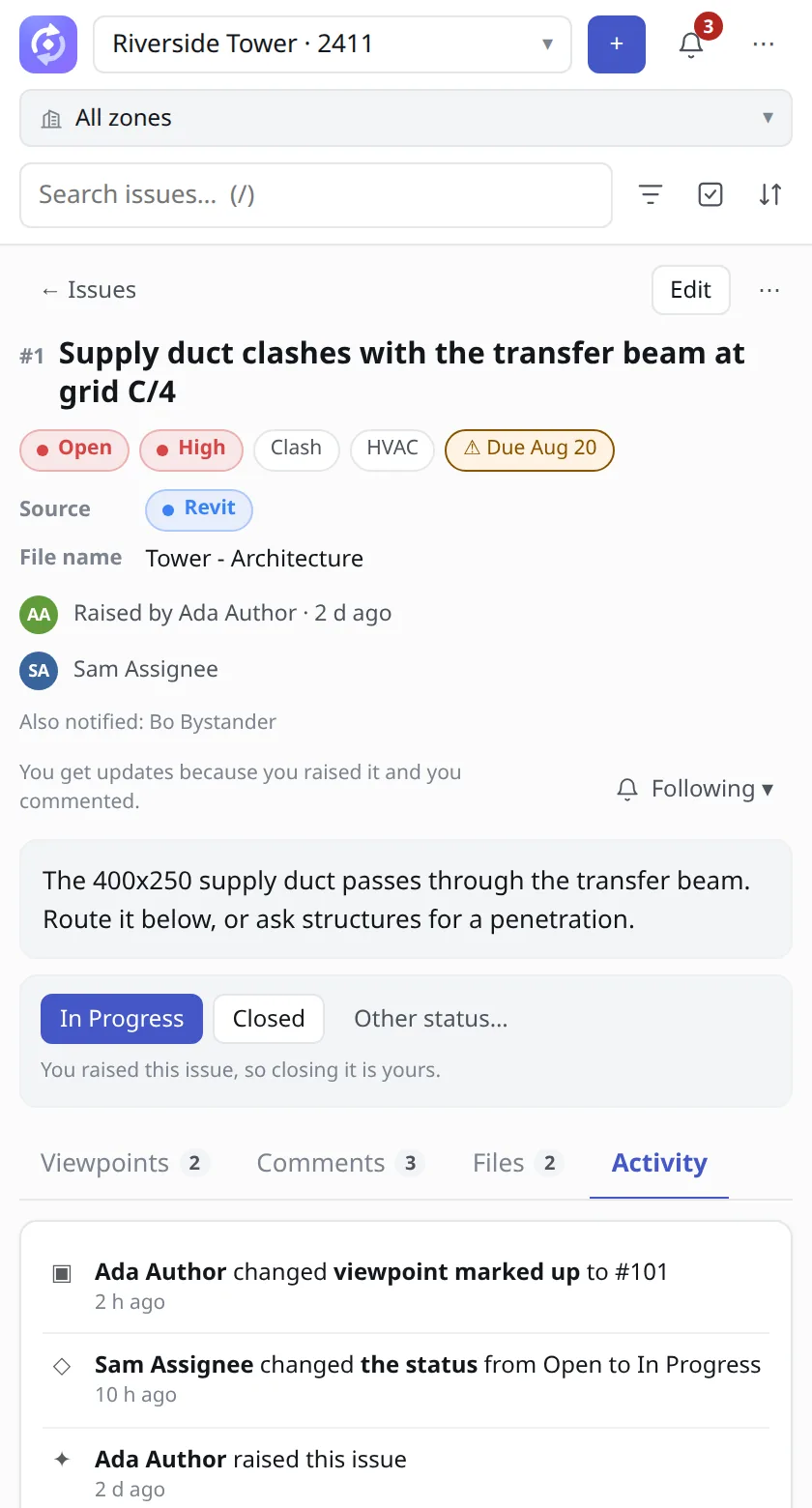The Activity tab listing each change to an Issue.