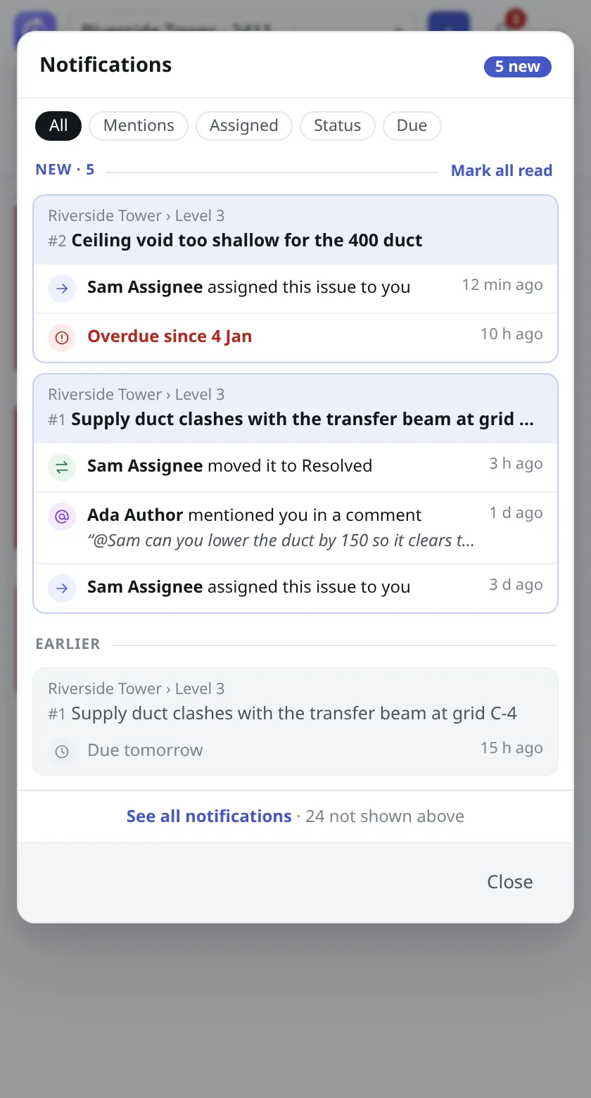 The Notifications sheet with filter tabs and a list of new and earlier notifications.