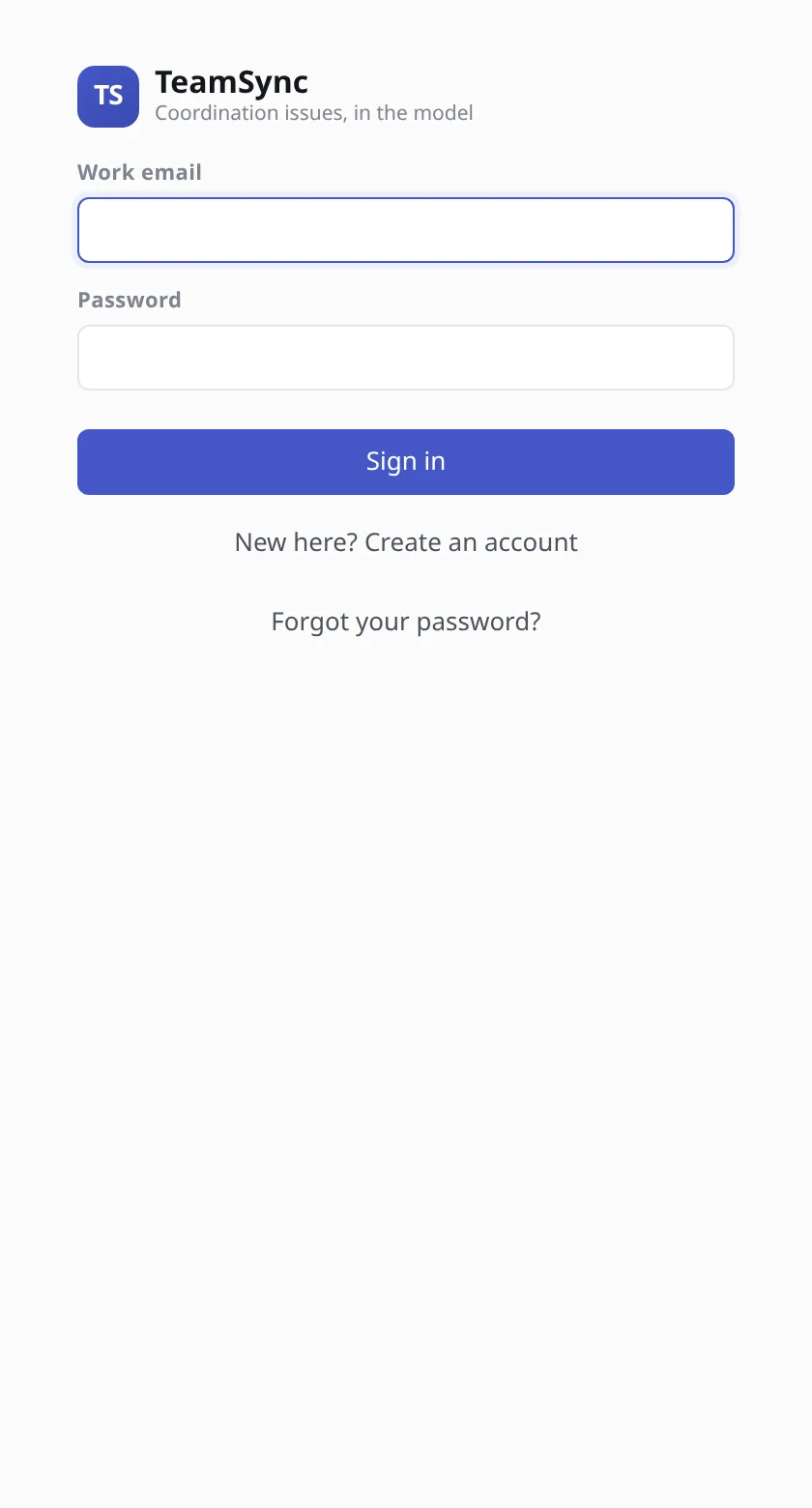 The TeamSync pane sign-in screen with Work email and Password fields and a Sign in button.
