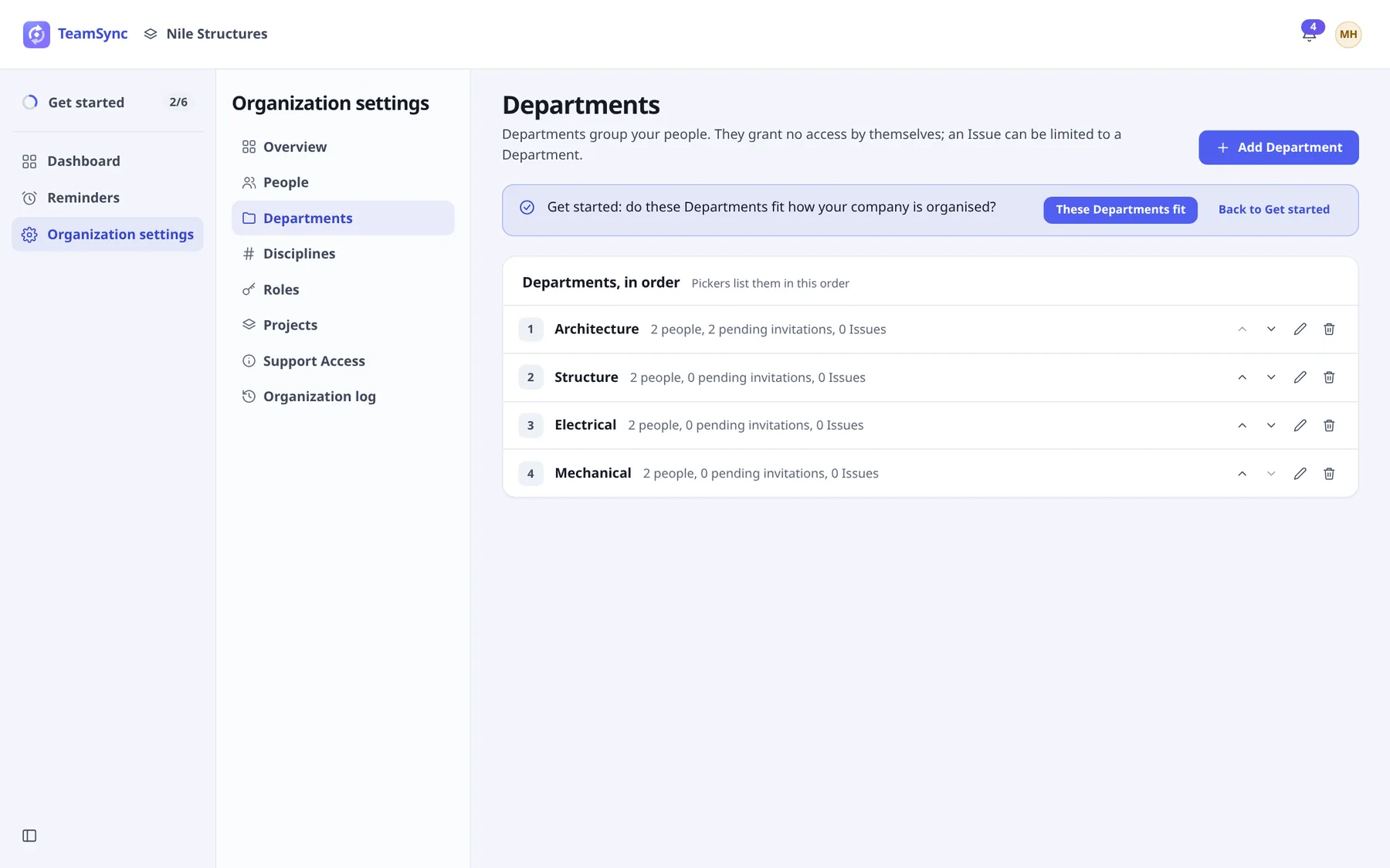 The Departments page listing Architecture, Structure, Electrical and Mechanical in order, each with counts of people, pending invitations and Issues.