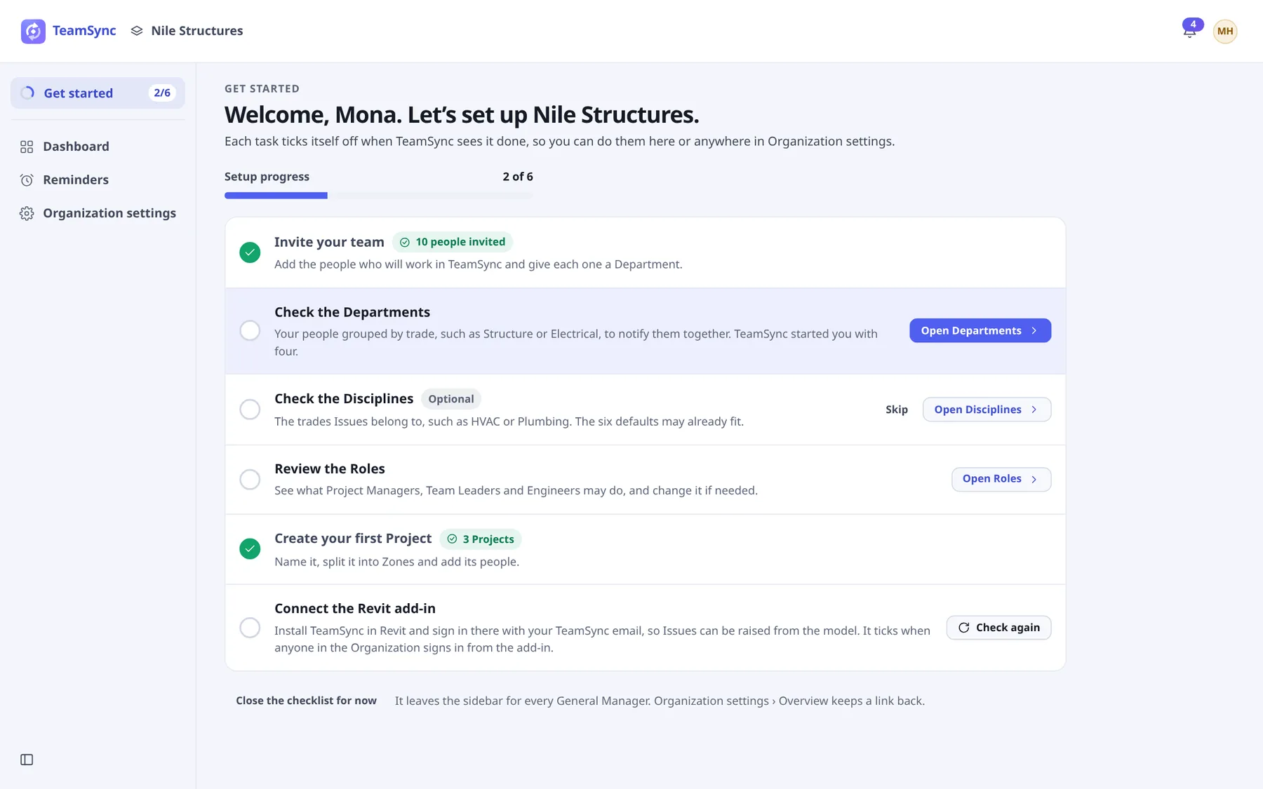 The Get started page for Nile Structures with two of six tasks done and the Departments task highlighted as next.