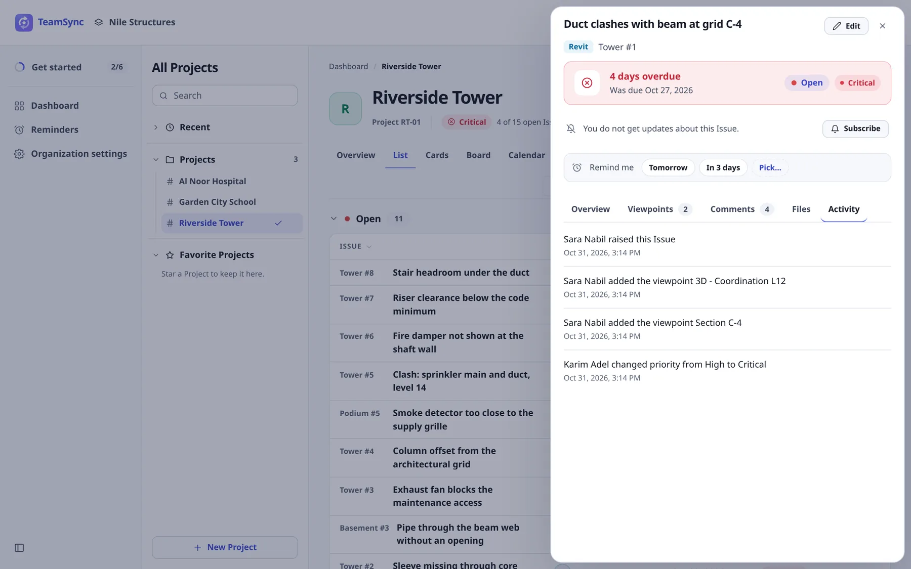 The Activity tab listing who raised the Issue, who added two viewpoints and who changed the priority from High to Critical, each with its date