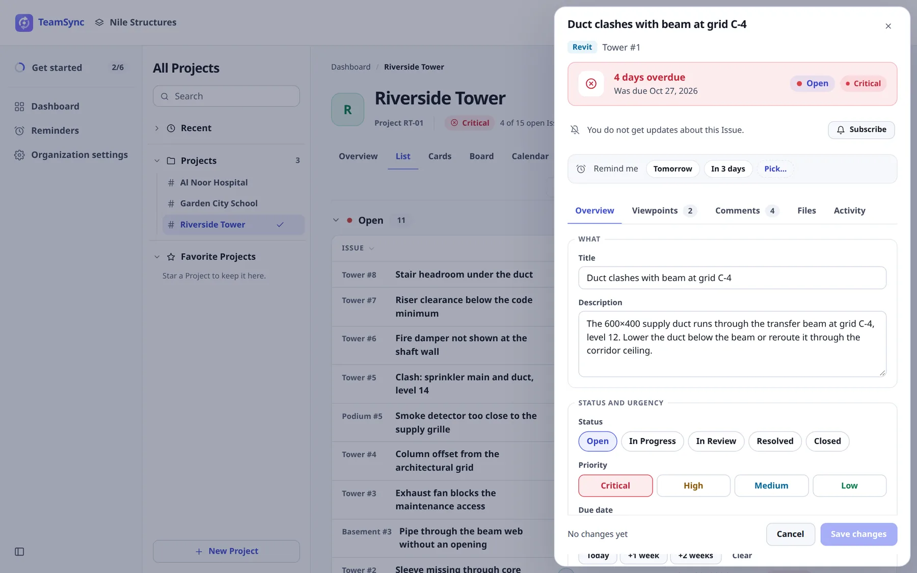 The Edit form inside the drawer with the What section (title and description), the Status and urgency section (status pills, priority pills and the due date with quick buttons) and a Save changes button