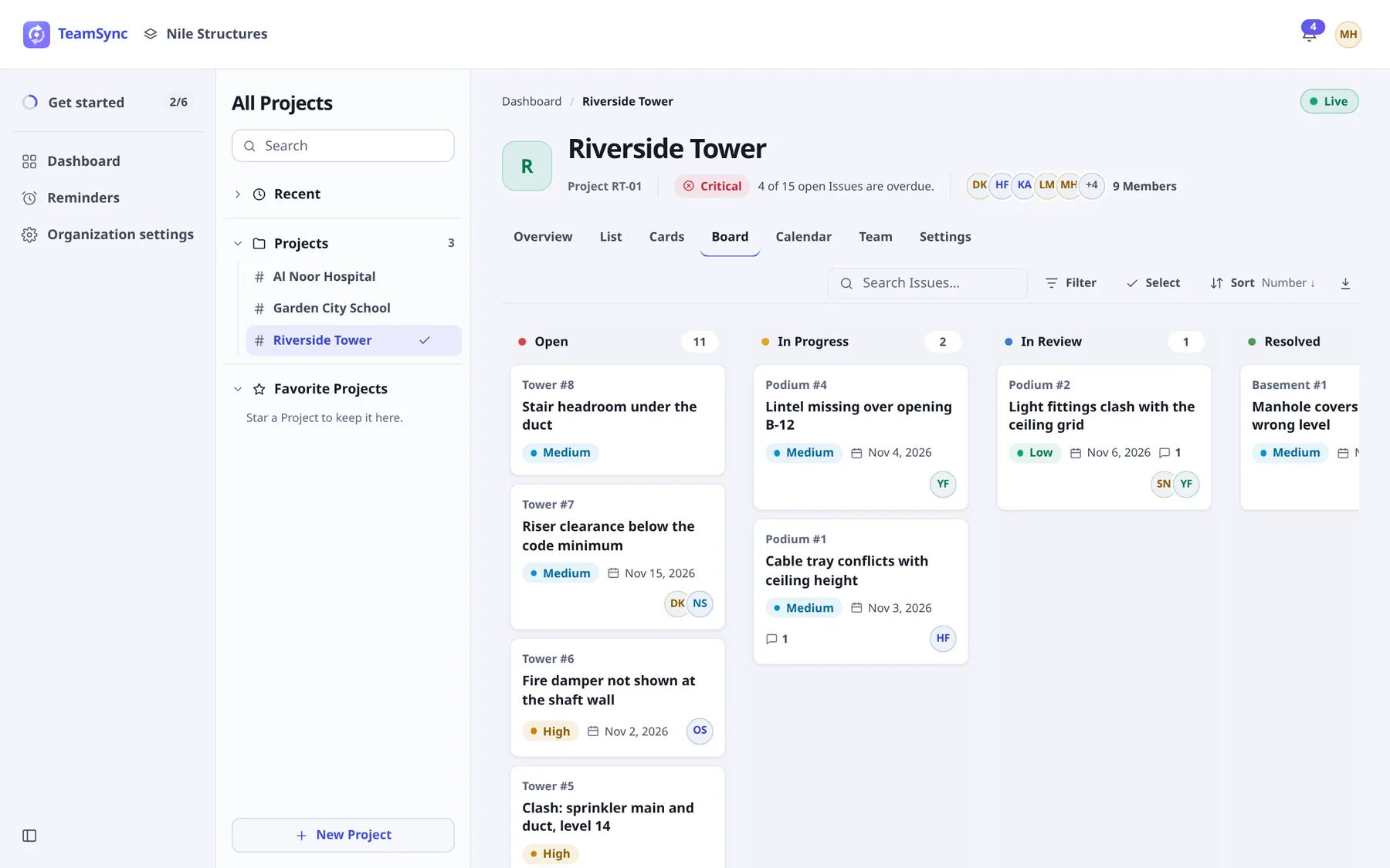 The Board tab. Columns for Open (11), In Progress (2), In Review (1) and Resolved sit side by side, each holding Issue cards with a number, title, priority, due date and assignee avatars.
