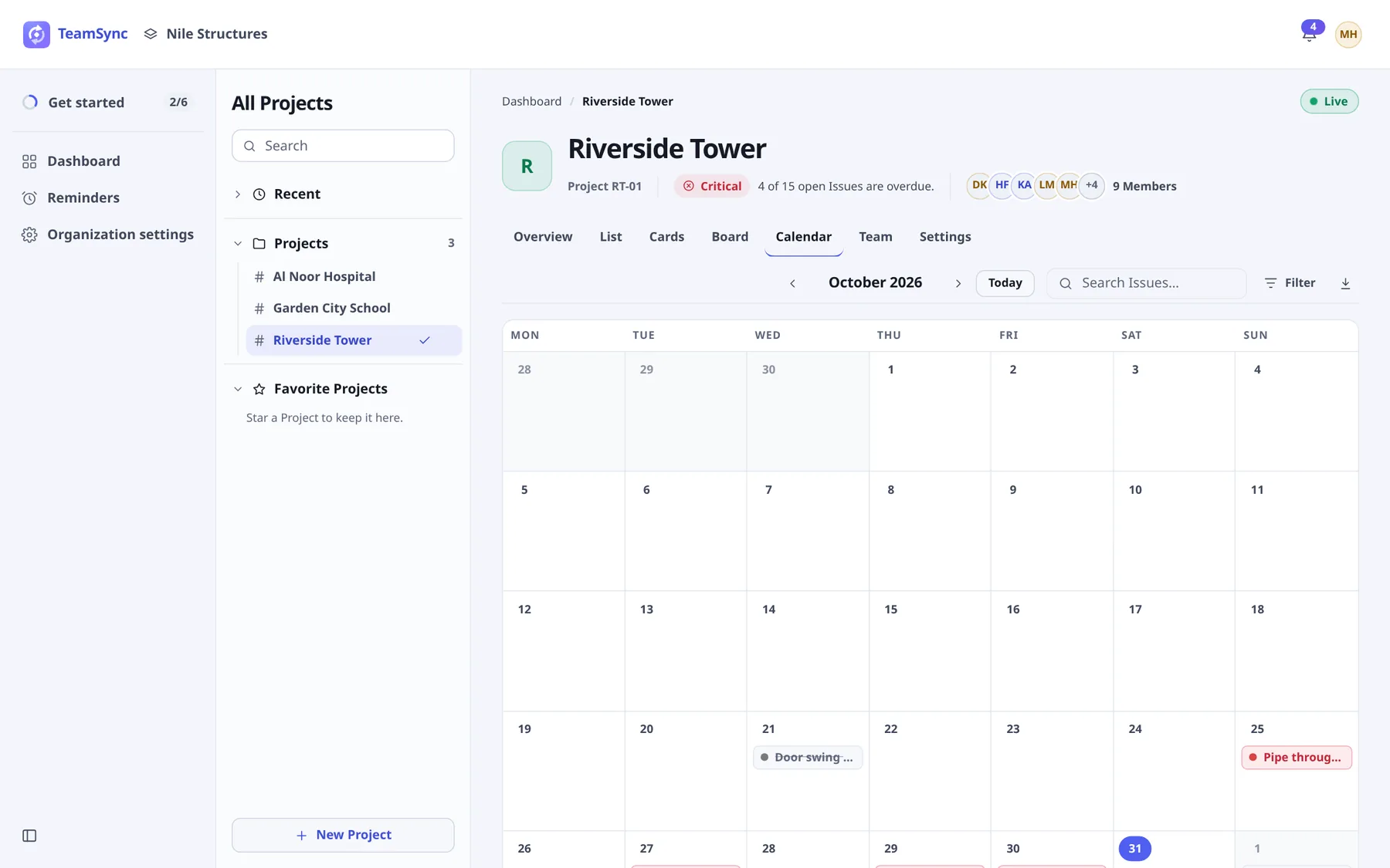 The Calendar tab for October 2026. A month grid starts on Monday. Two Issues are placed on their due dates, and today, the 31st, is highlighted. The toolbar has previous and next arrows, Today, Search Issues, Filter and an export button.