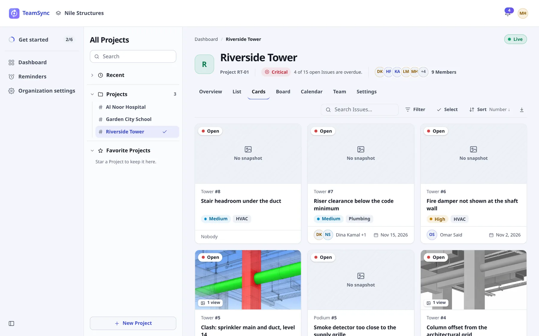 The Cards tab. Issues appear as cards in a grid. Some show a snapshot of a Revit model with a clash highlighted; others say No snapshot. Each card has its status, number, title, priority and Discipline.