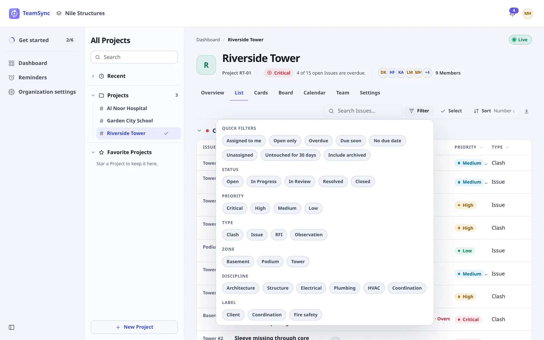 The Filter panel open over the List. It starts with Quick filters, then groups Status, Priority, Type, Zone, Discipline and Label, each as a row of chips.