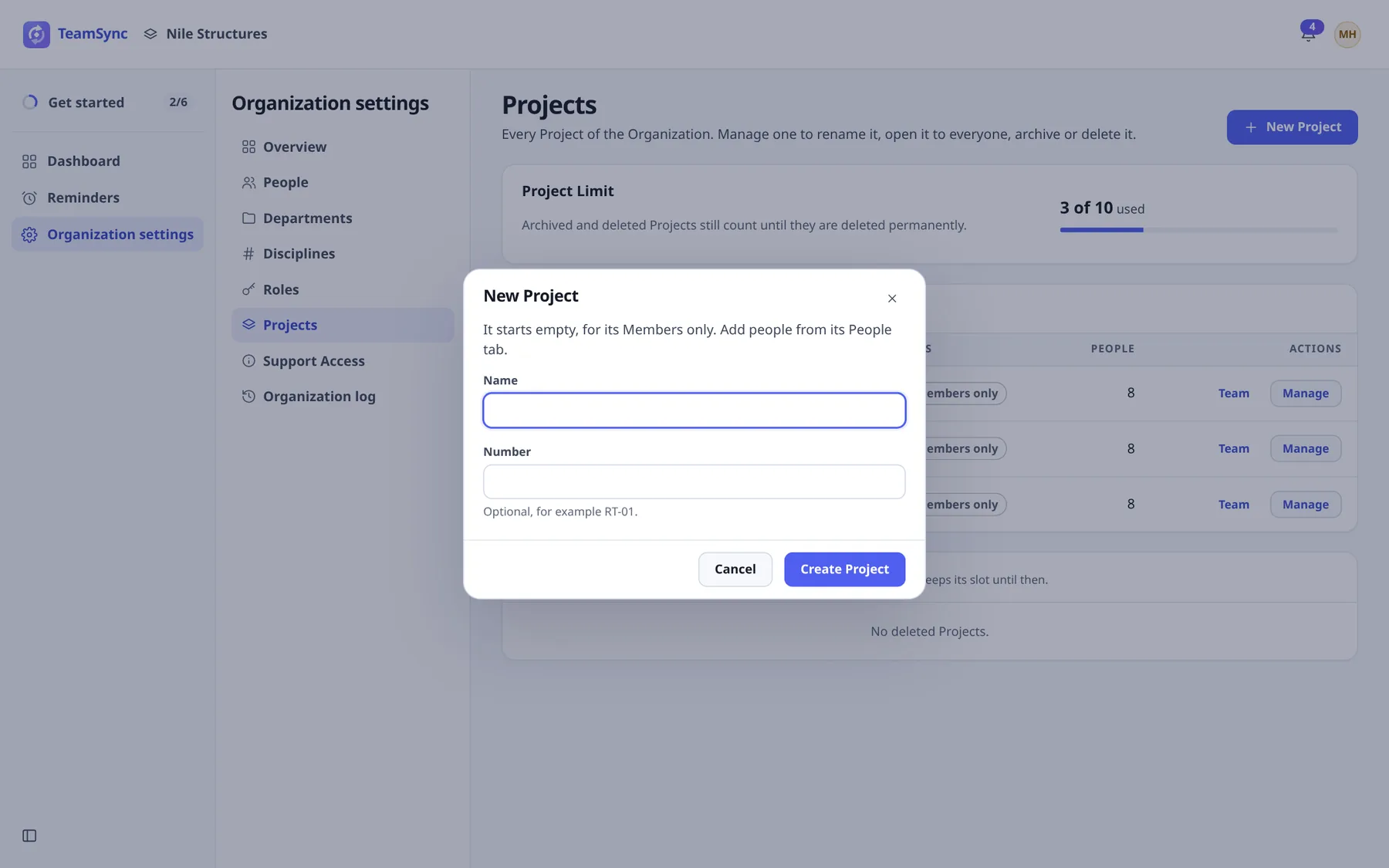 The New Project dialog with Name and Number fields and Cancel and Create Project buttons.