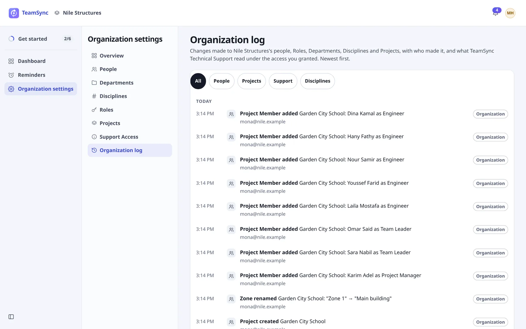 The Organization log page with filter chips All, People, Projects, Support and Disciplines, and entries such as Project Member added and Zone renamed with the time and the person who made them.