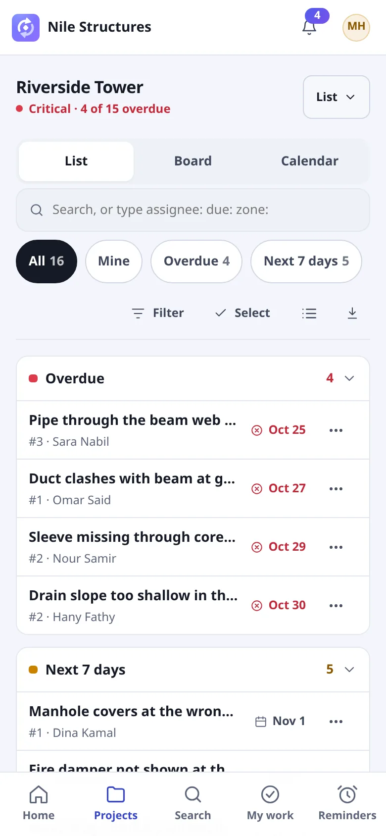 The phone Issue list for Riverside Tower with List, Board and Calendar switches, a search field, view chips All, Mine, Overdue and Next 7 days, and Issues grouped under Overdue and Next 7 days