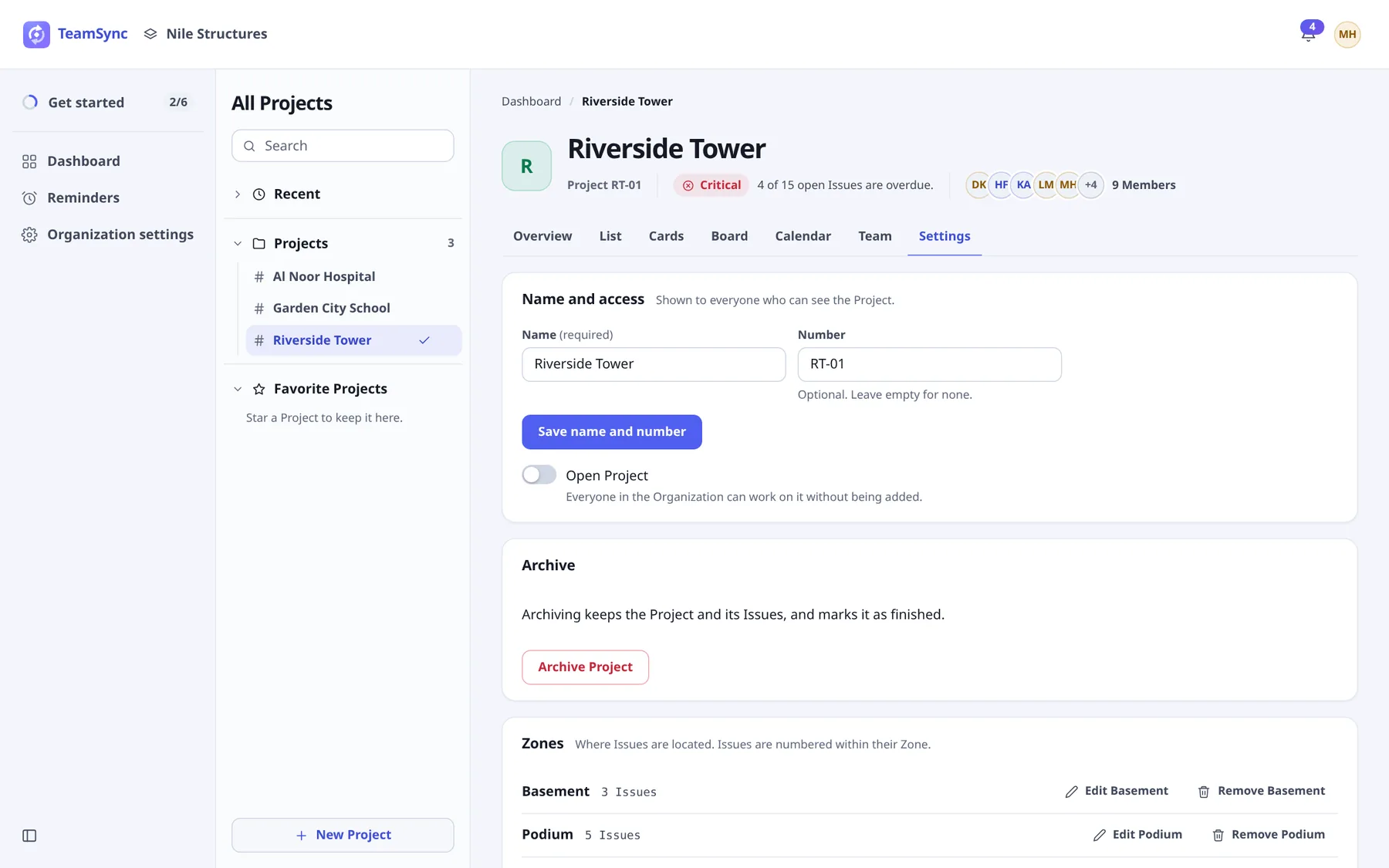 The Settings tab with a Name and access card (name, number and an Open Project switch), an Archive card with an Archive Project button, and the start of the Zones card listing Basement and Podium with Edit and Remove buttons