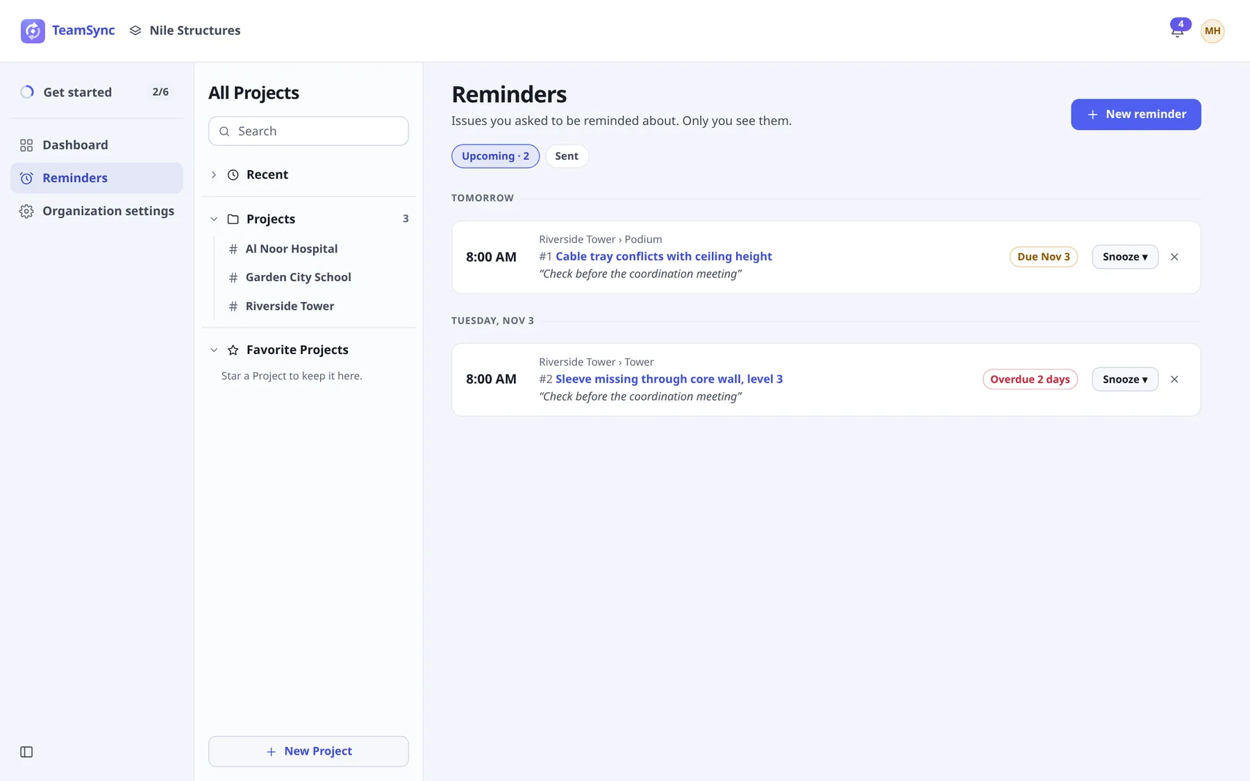 The Reminders page with Upcoming and Sent tabs, two upcoming reminders grouped by day, each showing the time, the Issue, a note, a due badge, a Snooze button and a remove button, and a New reminder button