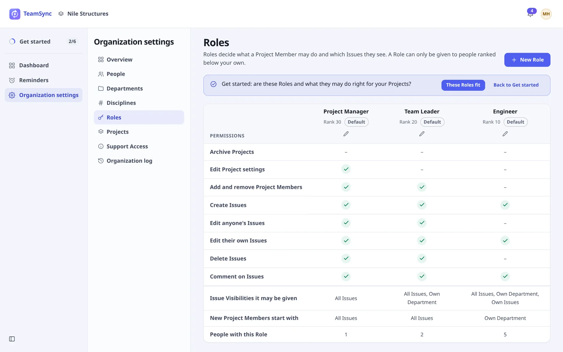 The Roles page: a table with Project Manager, Team Leader and Engineer columns showing rank, Default badges and a tick for each permission, with the Issue Visibilities each may be given.