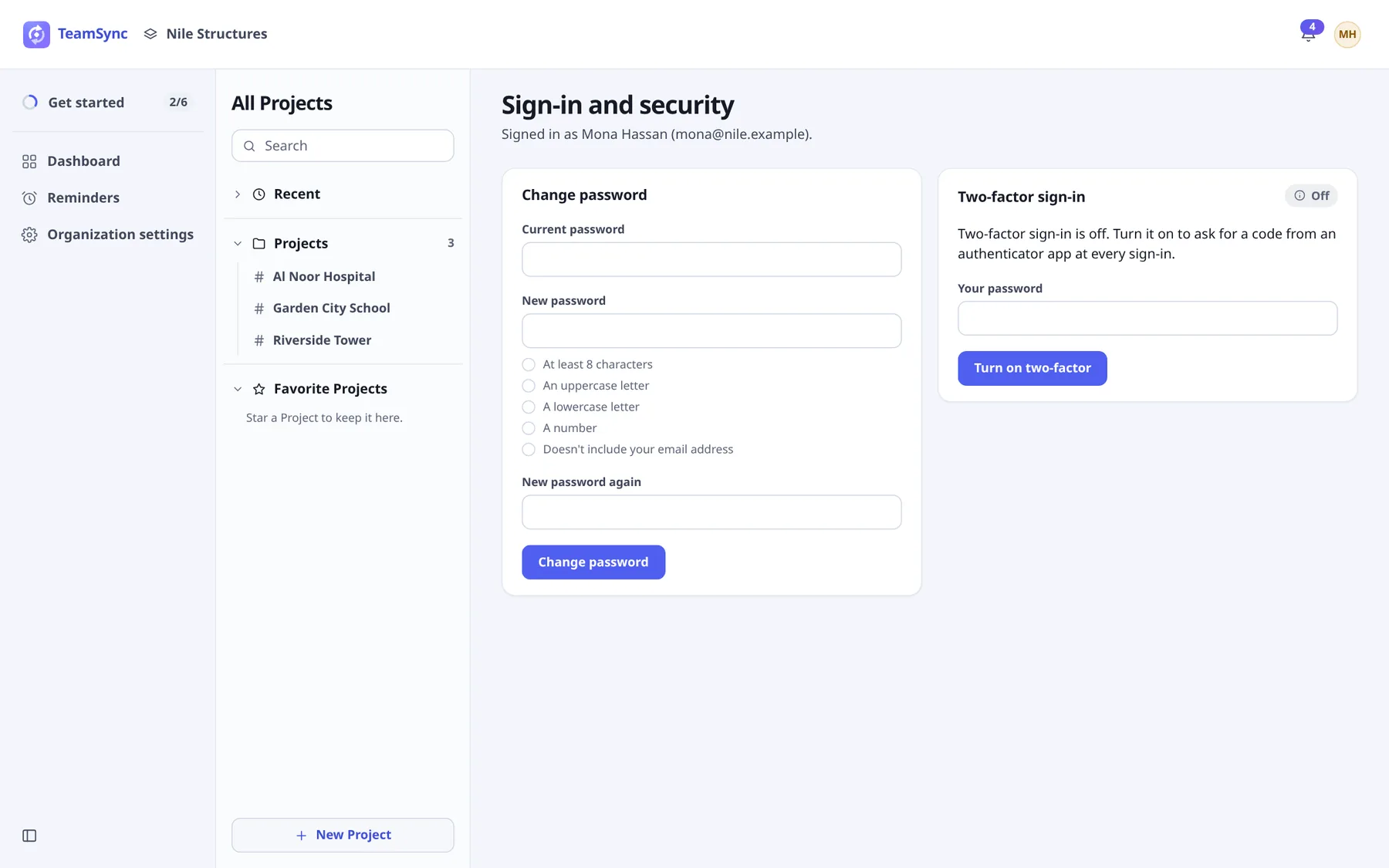 The Sign-in and security page. The Change password card is on the left with a checklist of password rules. The Two-factor sign-in card is on the right, marked Off, with a Your password field and a Turn on two-factor button.