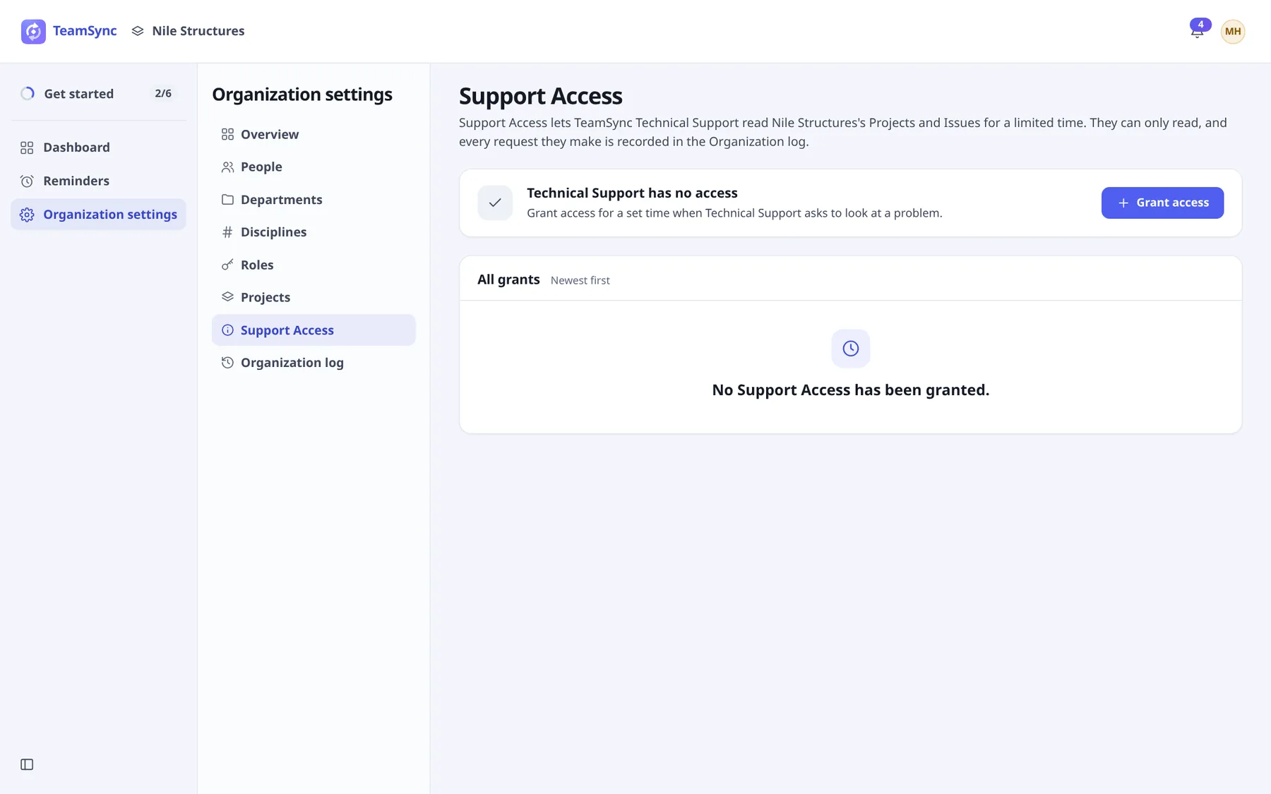 The Support Access page showing Technical Support has no access, with a Grant access button and an empty All grants list.